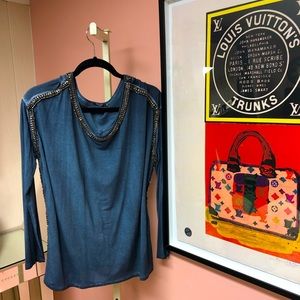 Denim blue adorned in rhinestone border top